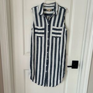 Hope Harlow Shirt Dress Shift Sz 12 Blue White Striped Sleeveless Button Pockets